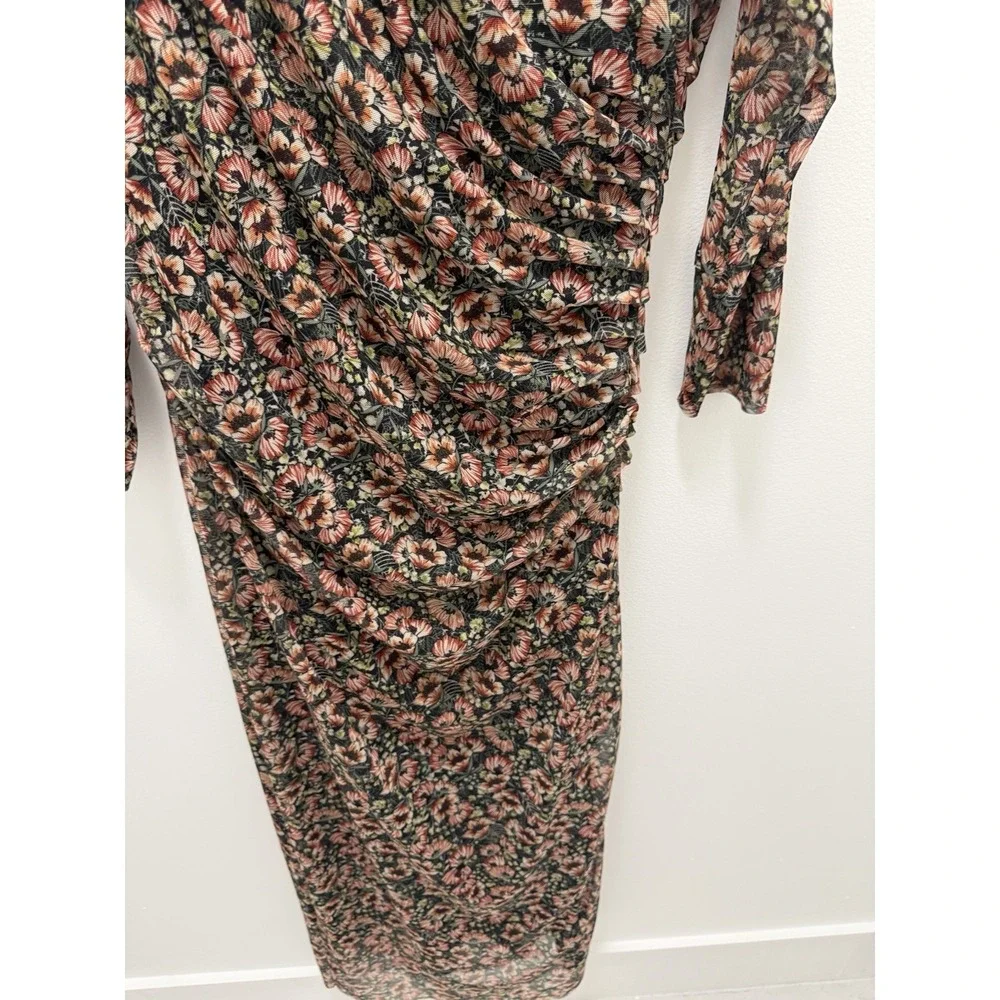DRA Los Angeles Floral Mesh Ruched Maxi Dress Size L Long Sleeve Bodycon Boho